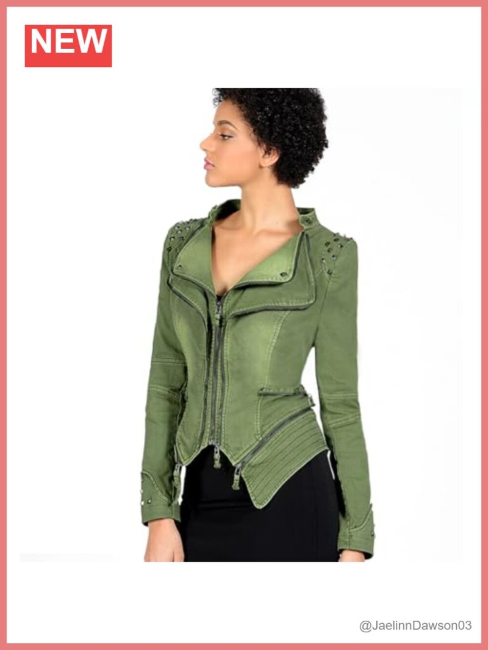 Women's Washed Denim Tailcoat Moto Jacket Detachable Hem Rivet Trim Zip Fitted